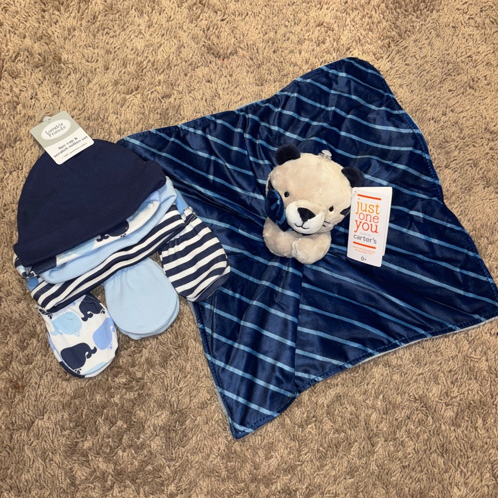 Carter's Blue Striped Baby Security Blanket and Plush Toy Set